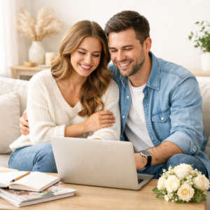 Happy couple using laptop on couch. Woman with arm around man, smiling. White roses on table.
