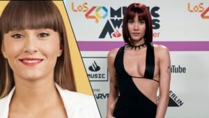 Aitana transformation: Then and now comparison. Brunette with bangs, red hair in cutout dress.
