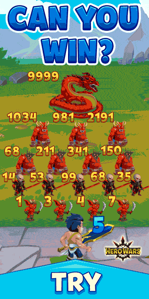 Hero Wars game ad: "Can you win?" Hero faces off against monsters and a dragon.