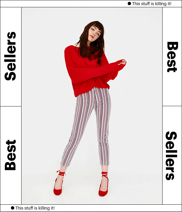 Woman in red sweater, striped pants, and red heels. Best Sellers.